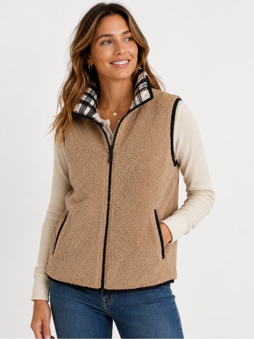 Vera Bradley Tan Sherpa Fleece Zip Vest Women’s L/XL